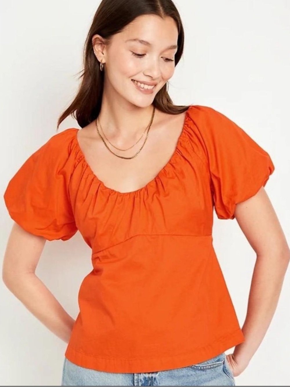 Red/Orange Puff Sleeve Scoop Neck Top - Size XXL.